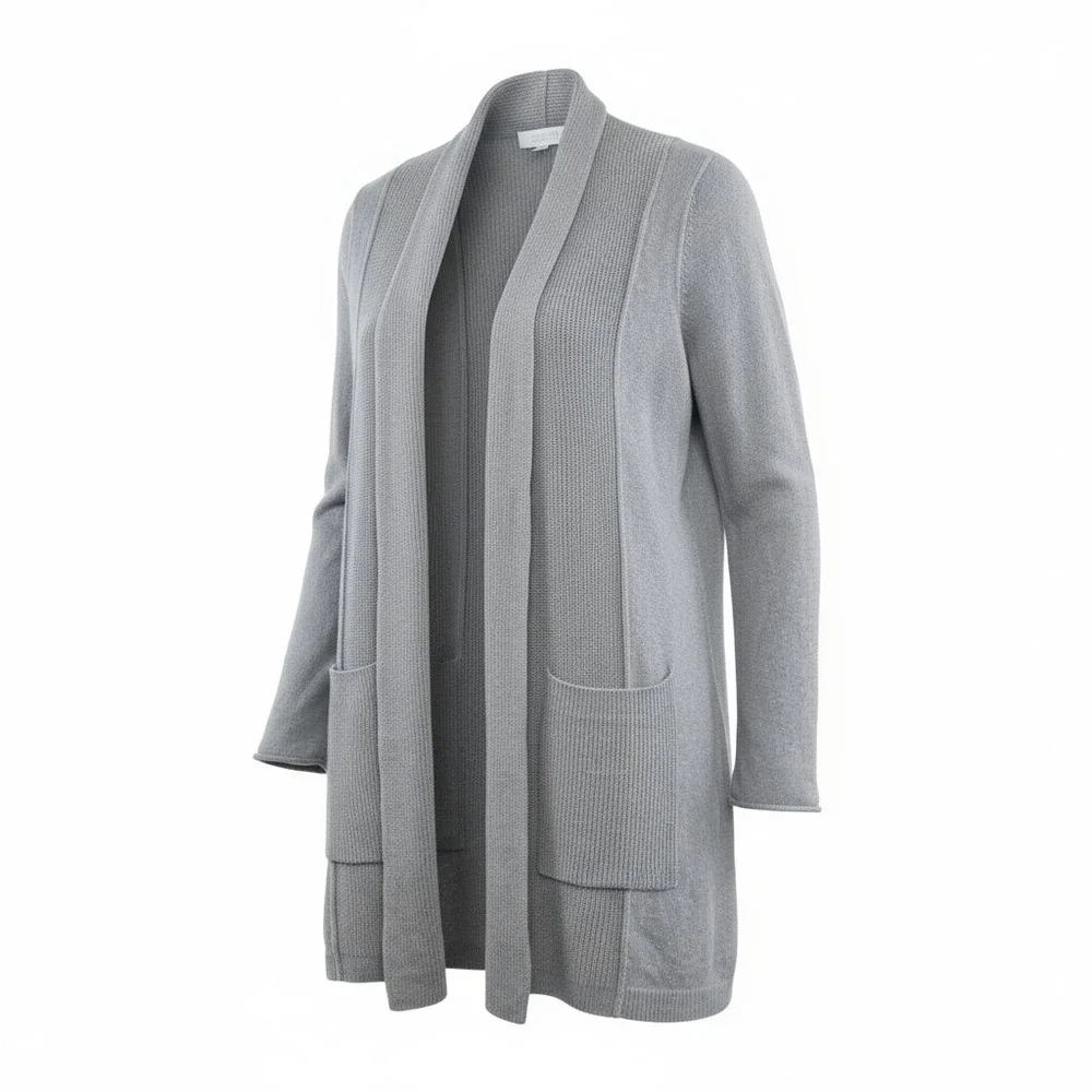 Kinross 100% Cashmere Gray Open Front Cardigan Sweater Large Pockets Luxe Soft